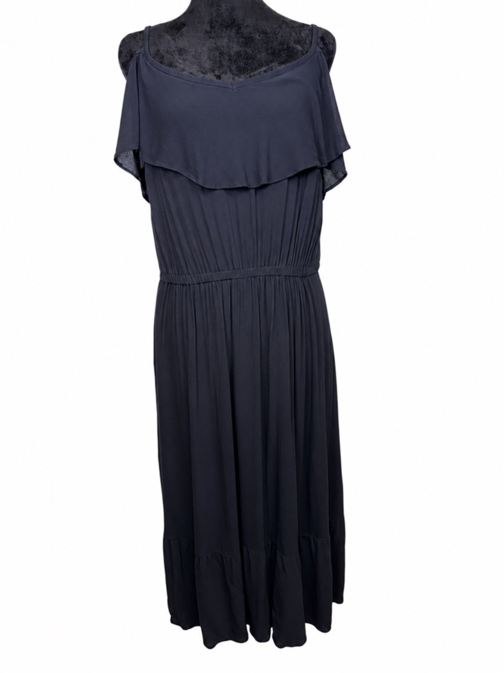 Old Navy 1X Ruffled Yoke Tiered Midi-Dress Lined Black Deep V Adjustable Straps